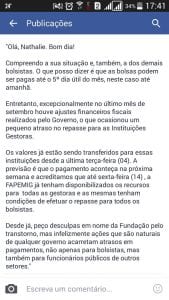Reposta da Fapemig a Nathalie Sena estudante da UFV que também está com a bolsa atrasada. 