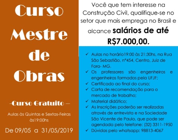 ACONTECERÁ CURSO GRATUITO PARA MESTRE DE OBRAS EM JUIZ DE FORA