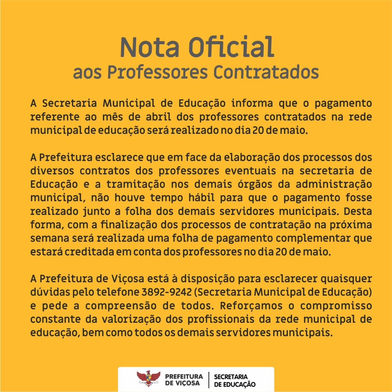 PREFEITURA DE VIÇOSA DIVULGA NOTA OFICIAL AOS PROFESSORES CONTRATADOS