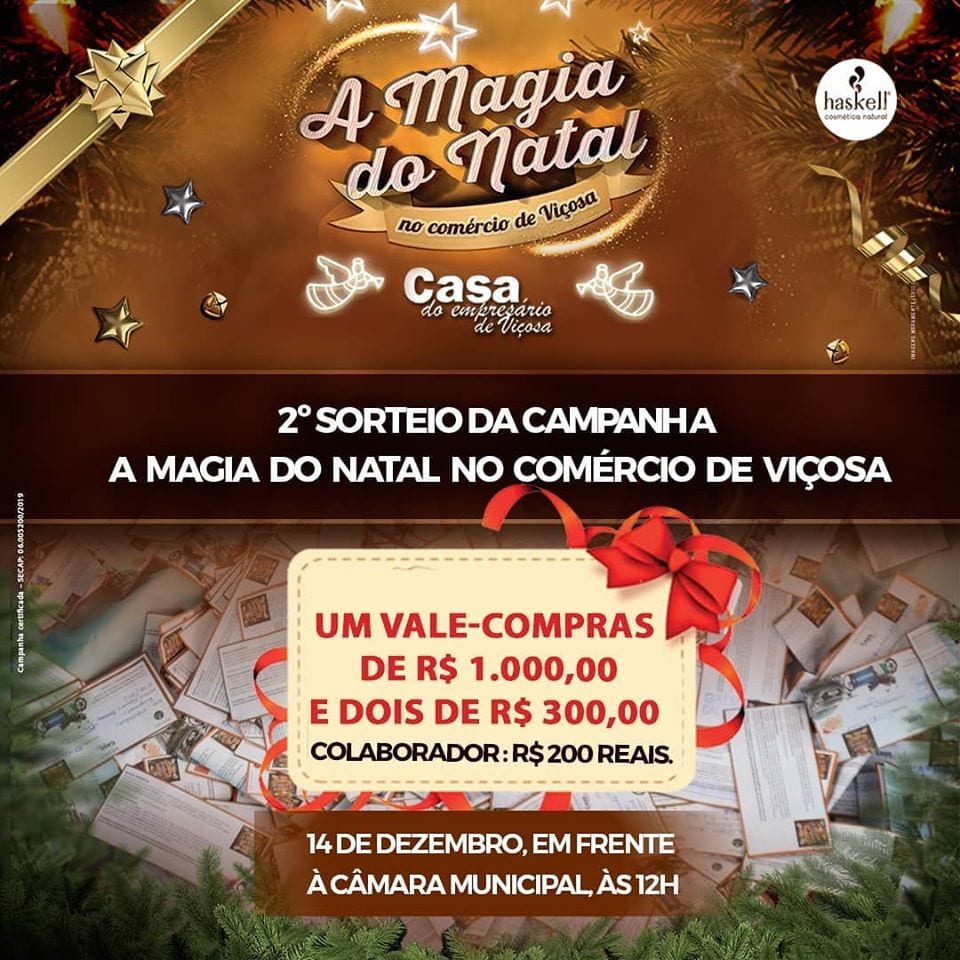 2º sorteio da Campanha de Natal de Viçosa acontece neste sábado (14)