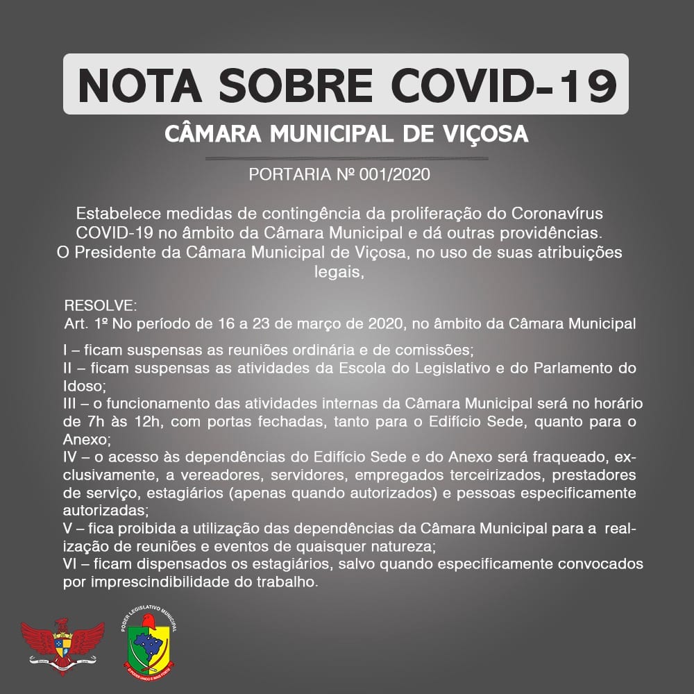 Câmara Municipal de Viçosa estabelece medidas de contingência da proliferação do Coronavírus