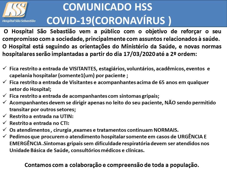 Visitas serão restritas no Hospital São Sebastião