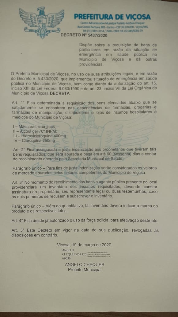 Prefeitura divulga decreto que recolherá máscaras, álcool em gel e medicamentos de farmácias em Viçosa
