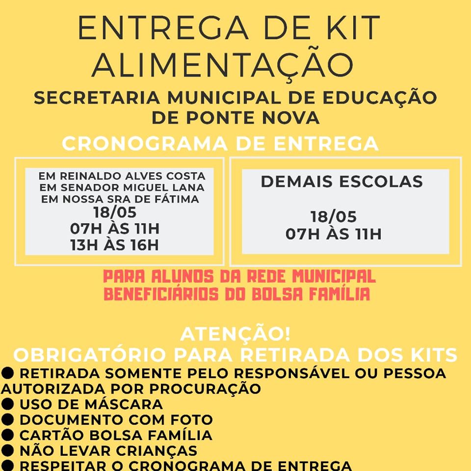 Prefeitura de Ponte Nova entrega kit alimentação para alunos da rede municipal de ensino