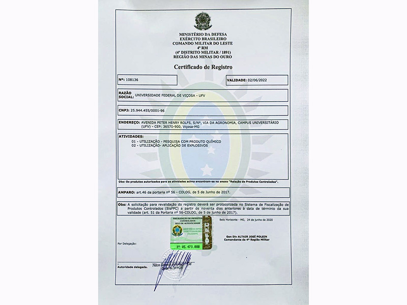 UFV recupera licença para compra e uso de produtos químicos controlados pelo Exército