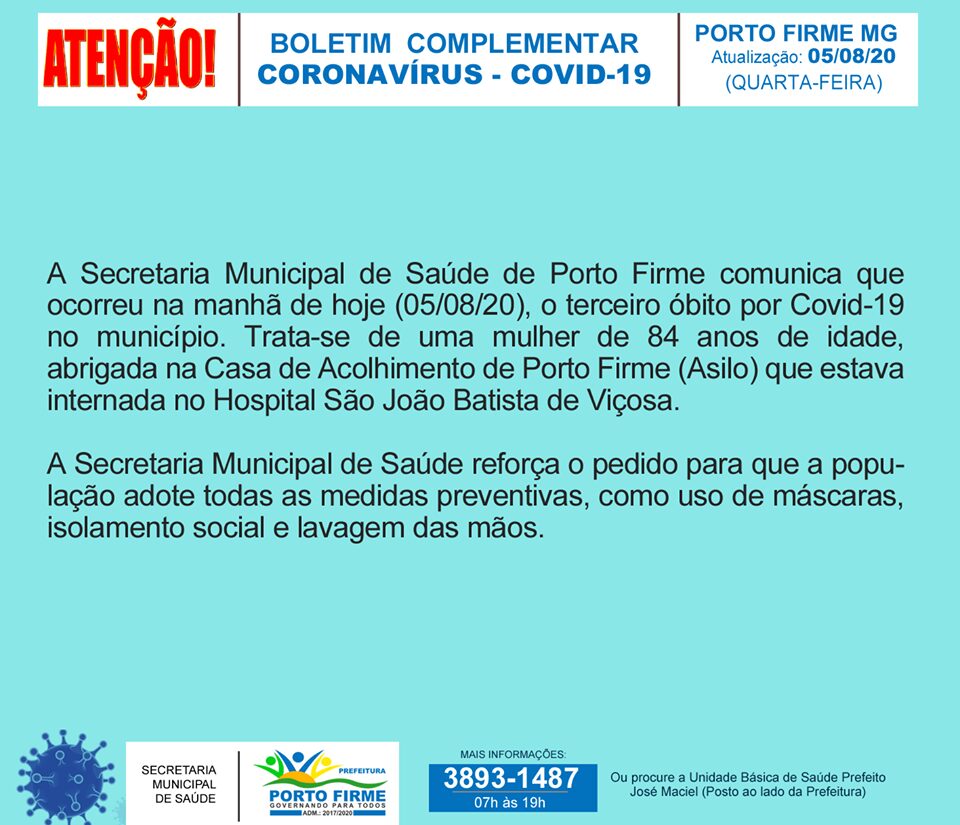 Prefeitura de Porto Firme comunica mais um óbito por Covid-19