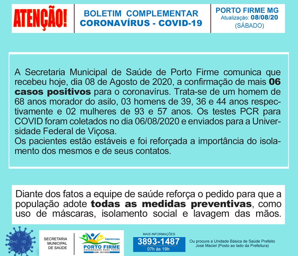 Secretaria Municipal de Saúde de Porto Firme comunica mais 06 casos positivos para a Covid-19
