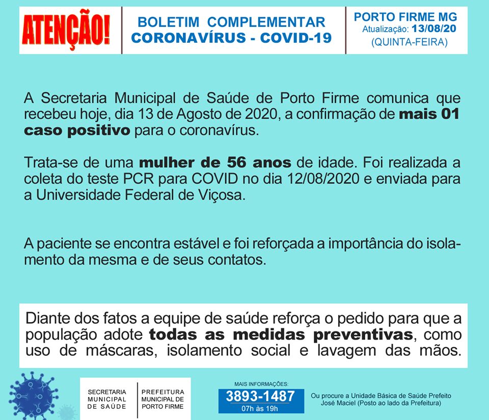 Secretaria Municipal de Saúde de Porto Firme comunica mais 01 caso positivo para a Covid-19