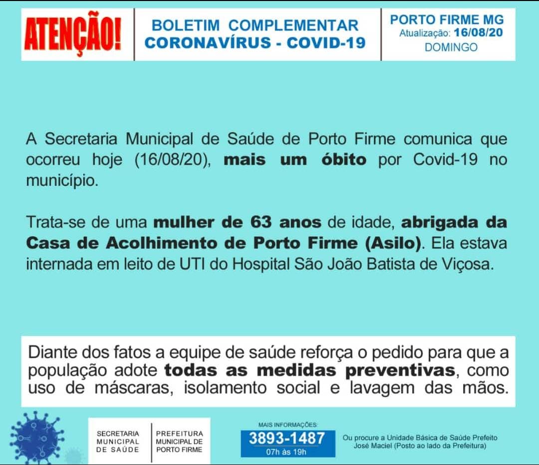 Porto Firme registra mais um óbito por COVID-19