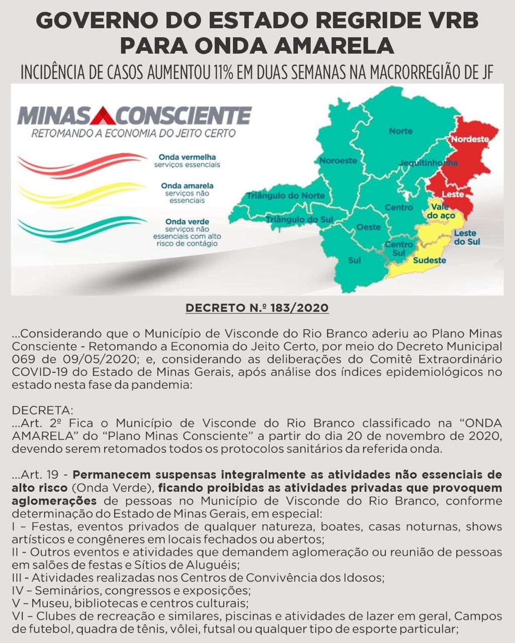 Por determinação do Governo, Visconde do Rio Branco regride à onda amarela do Minas Consciente