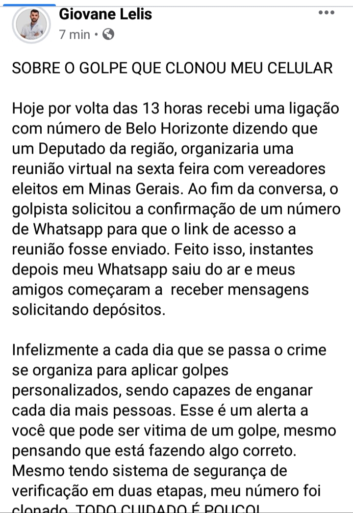 Vereador de Ervália tem celular clonado