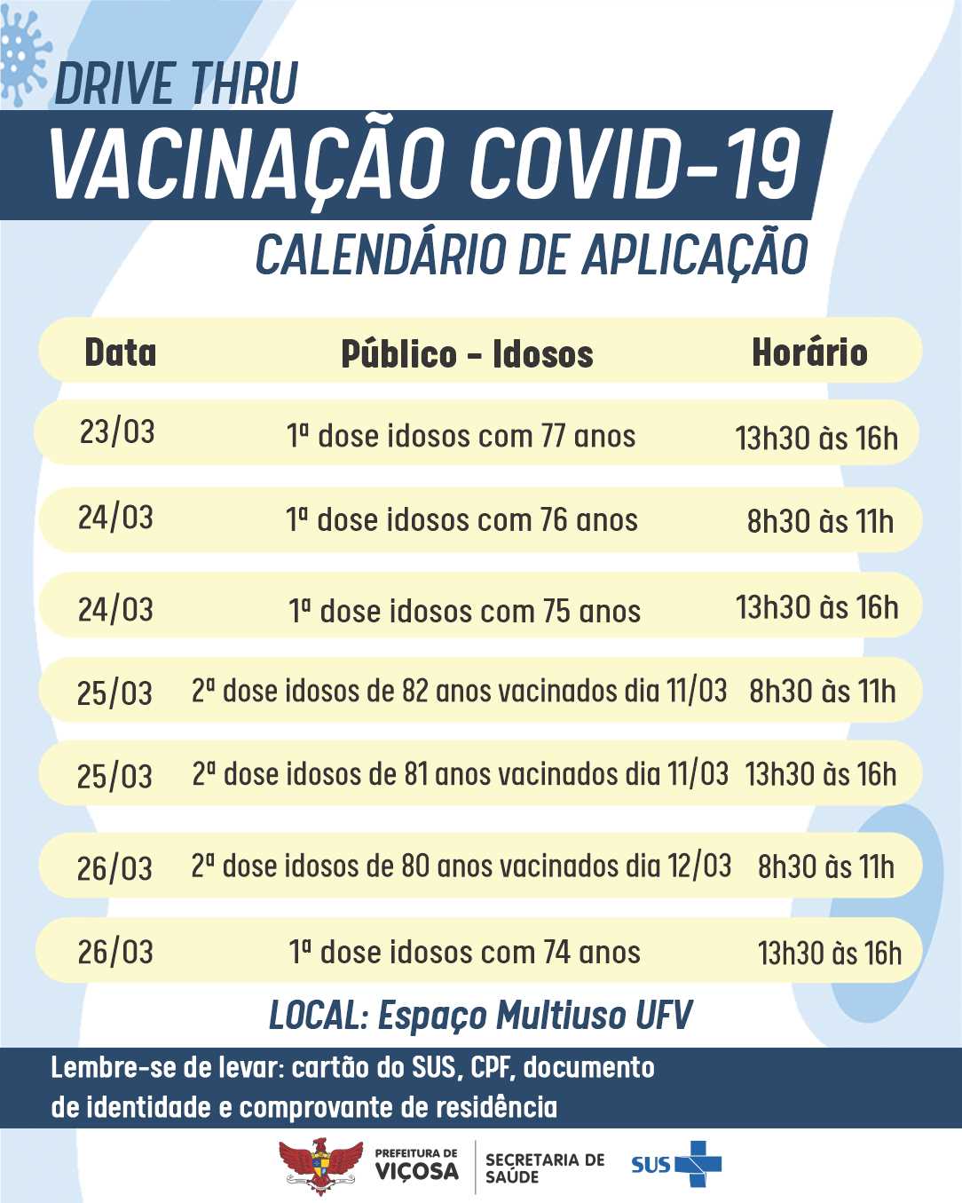 Prefeitura divulga o calendário de Vacinação contra a Covid-19, de 23 a 26 de março