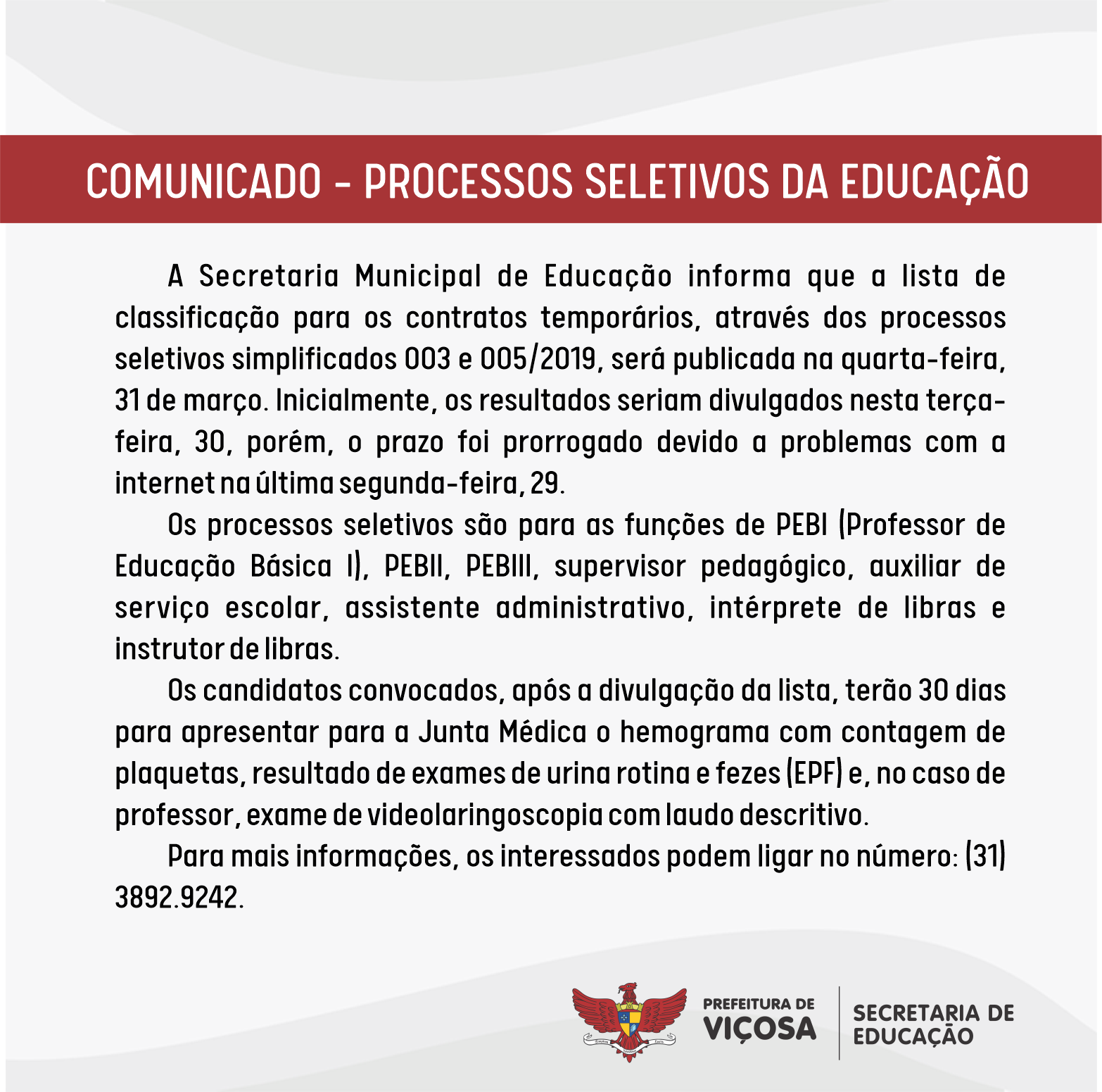 Prefeitura prorroga prazo para divulgação da lista de classificação de contratos da educação
