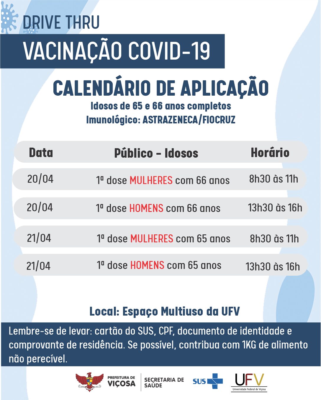 Viçosa: Idosos de 65 e 66 anos serão vacinados contra a Covid-19