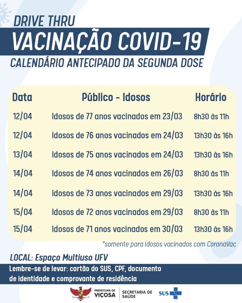 Calendário de Vacinação contra a Covid-19, de 12 a 15 de abril