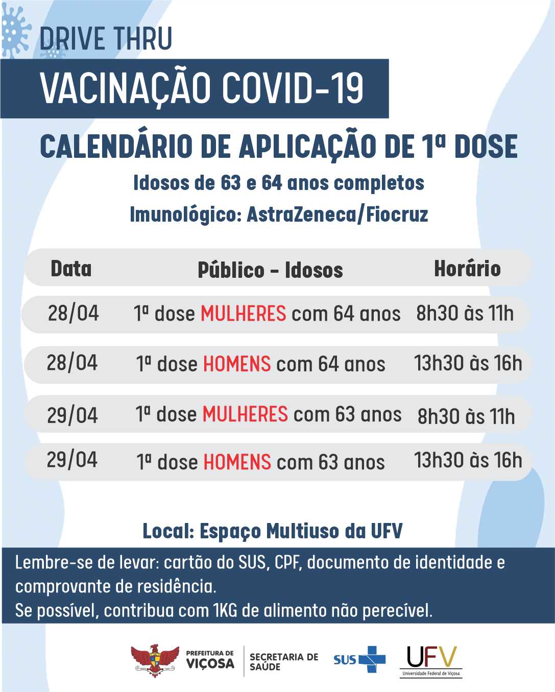 Idosos de 63 e 64 anos serão vacinados contra a Covid-19, em Viçosa
