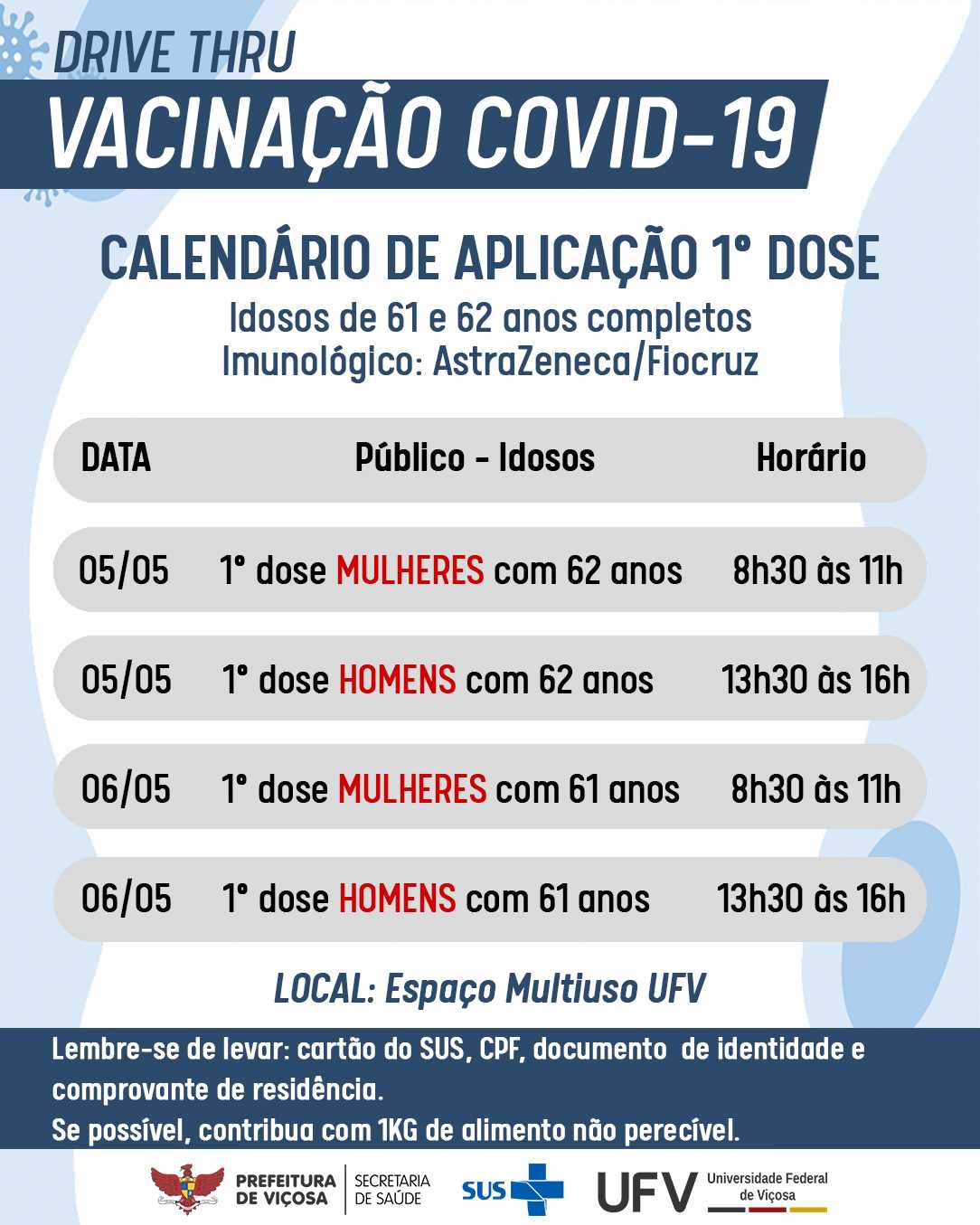 Idosos de 61 e 62 anos serão vacinados contra a Covid-19 a partir de quarta-feira, 5