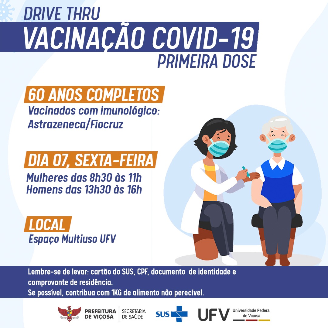 Idosos com 60 anos serão vacinados contra a Covid-19 na próxima sexta-feira (07), em Viçosa