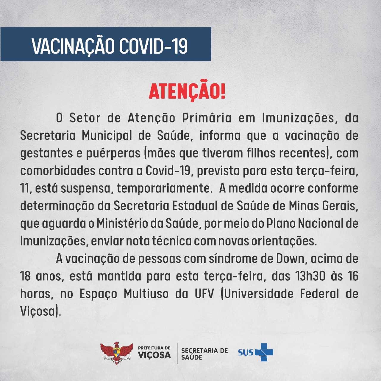 Prefeitura de Viçosa suspende vacinação de gestantes e puérperas contra a Covid-19