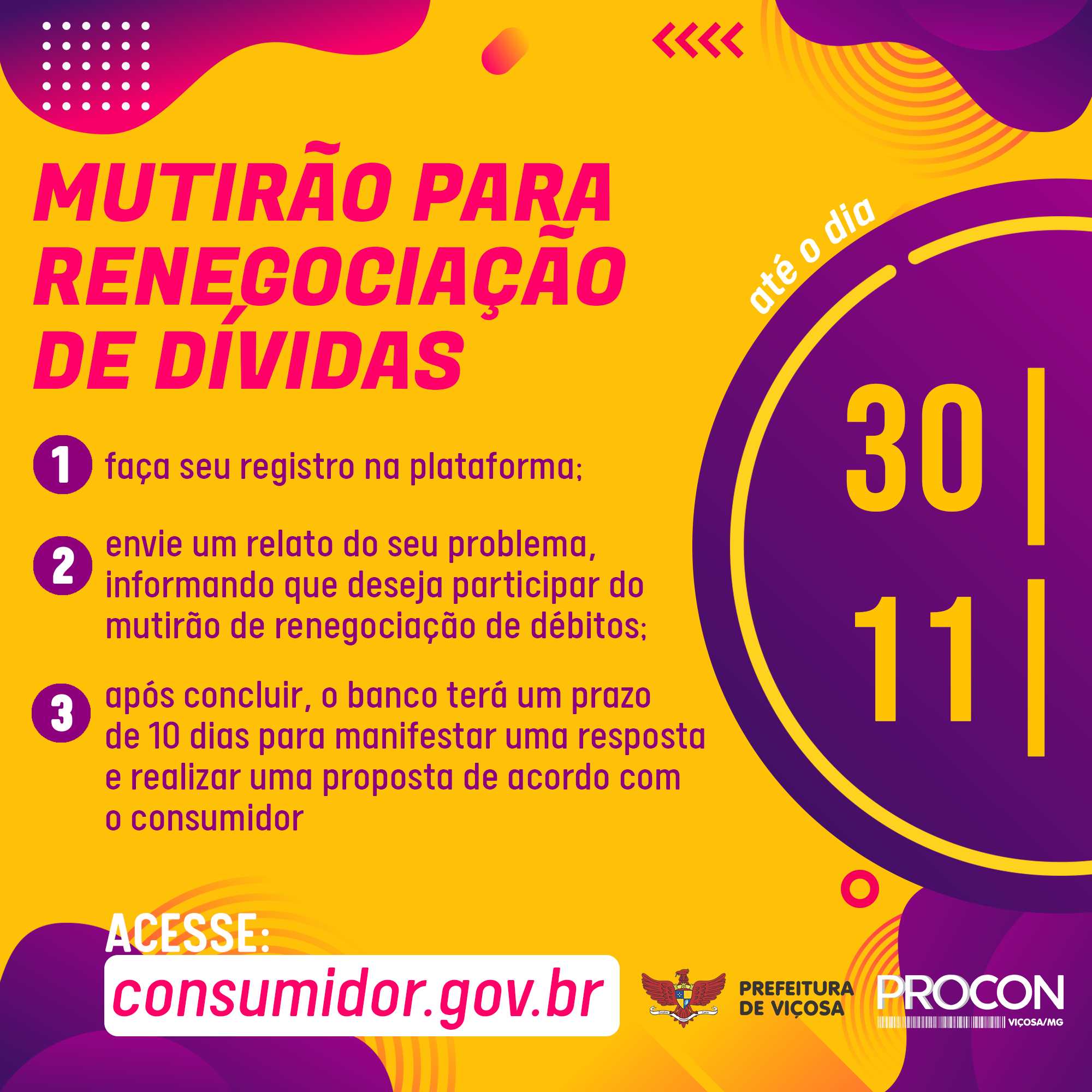 Mutirão virtual de renegociação de dívidas do Procon Viçosa vão até o dia 30/11
