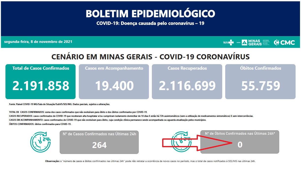 Minas Gerais, São Paulo e outros seis estados não registraram óbitos por Covid ontem 08/11