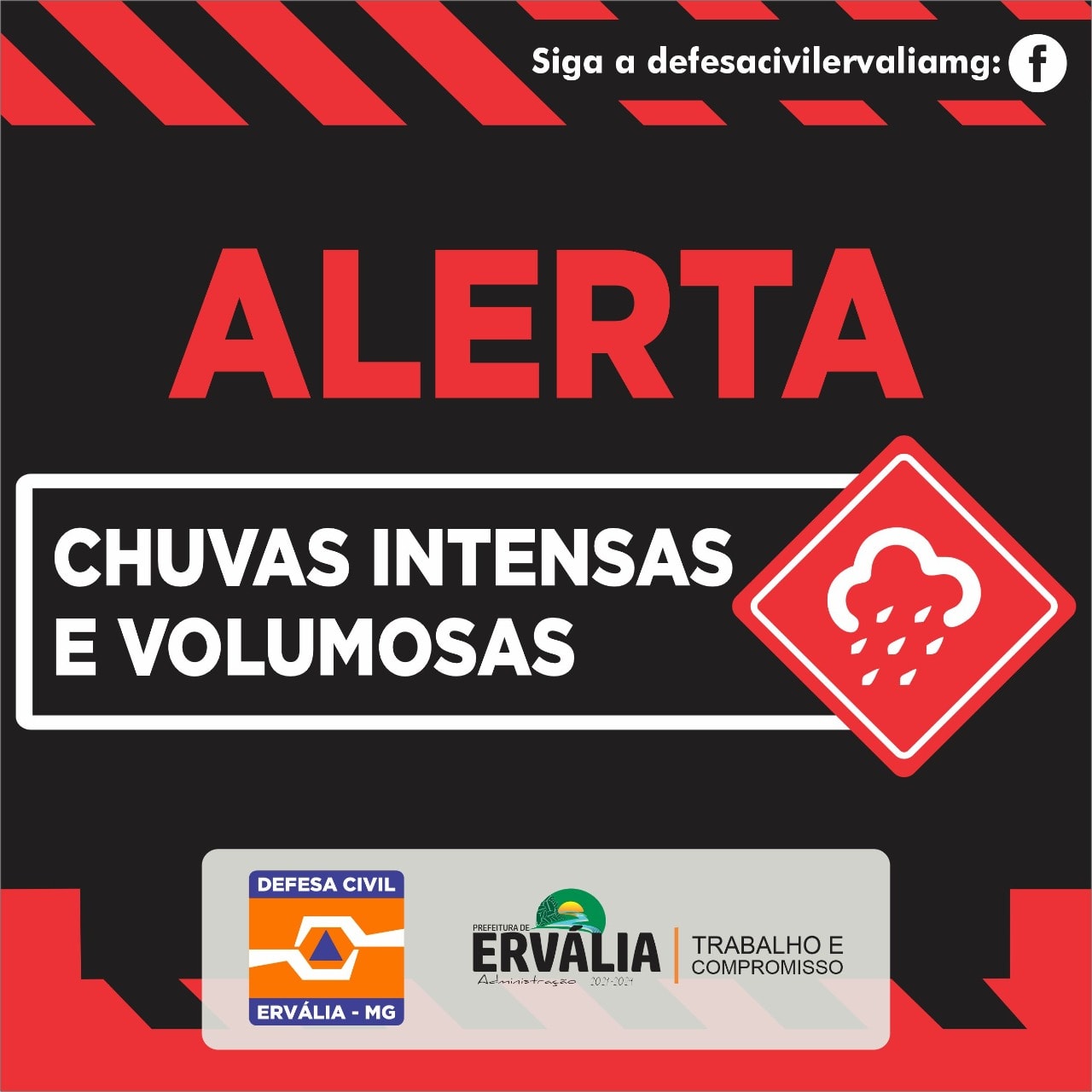 Prefeitura de Ervália emite alerta de fortes chuvas para esta quarta-feira (29)