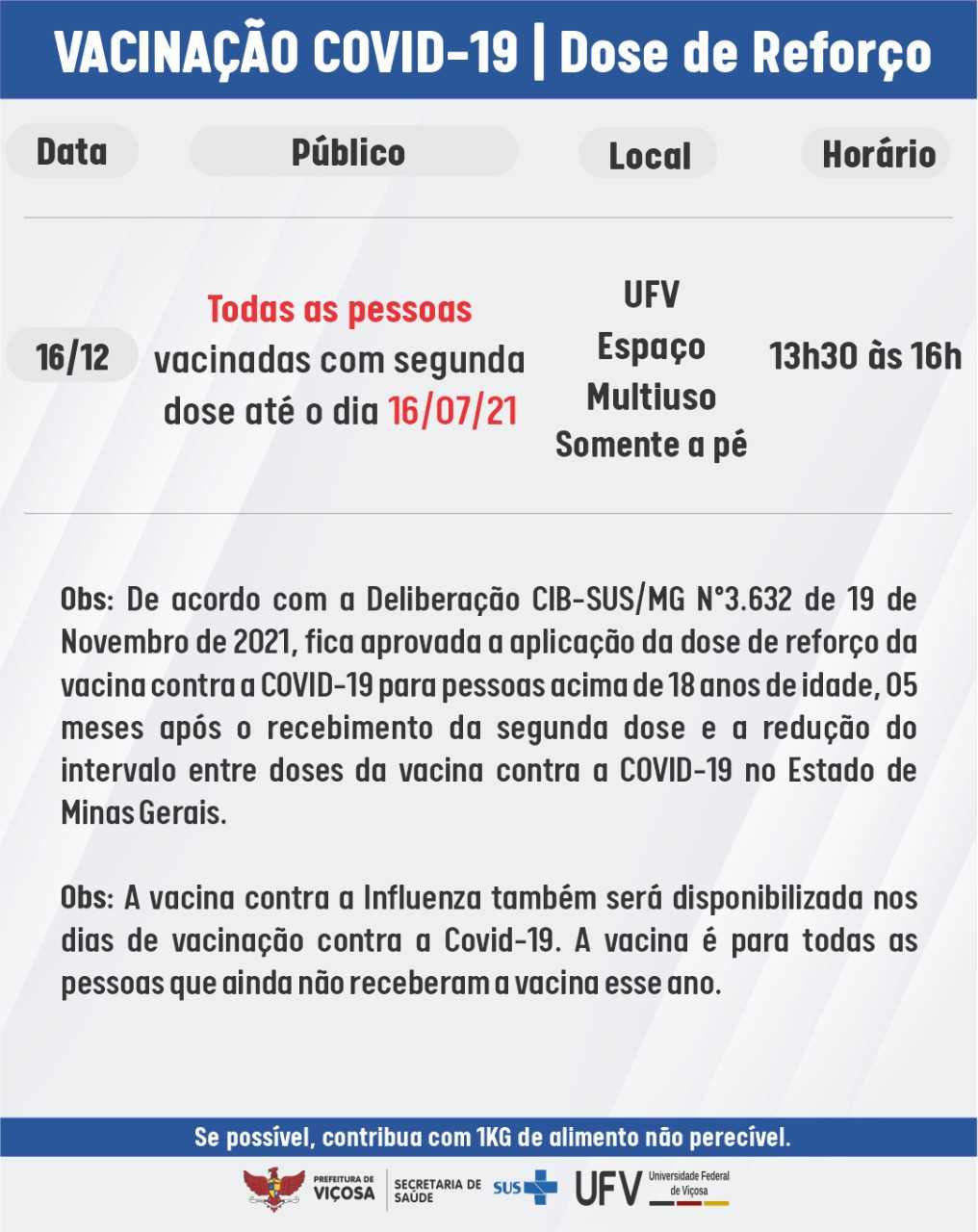 Dose de reforço será aplicada amanhã (16), em Viçosa