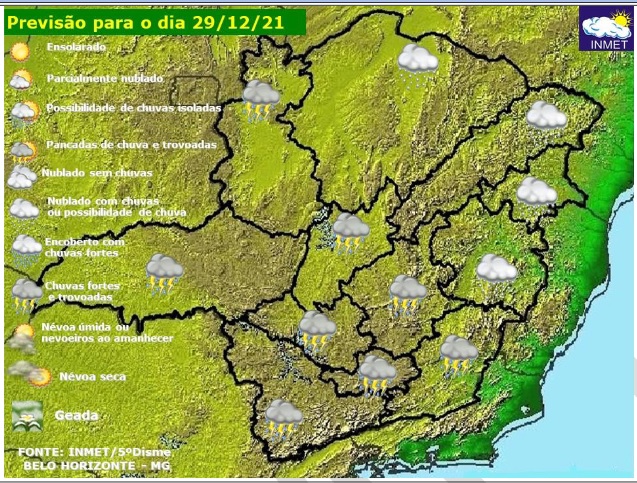 Previsão do tempo para Minas Gerais nesta quarta-feira, 29 de dezembro