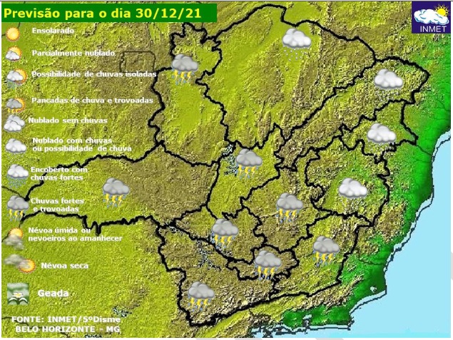Previsão do tempo para Minas Gerais nesta quinta-feira, 30 de dezembro
