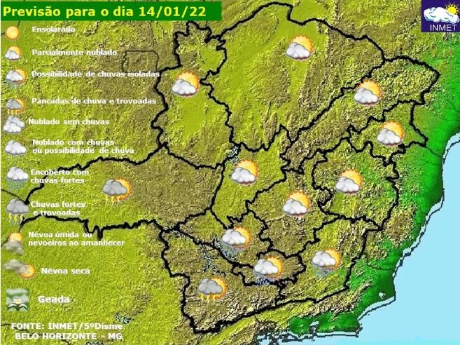 Previsão do tempo para Minas Gerais nesta sexta-feira, 14 de janeiro