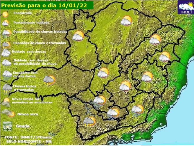 Previsão do tempo para Minas Gerais nesta sexta-feira, 14 de janeiro