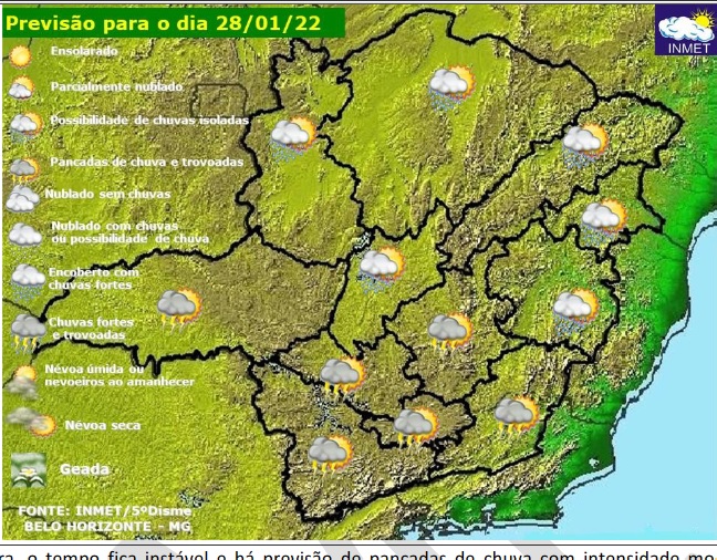 Previsão do tempo para Minas Gerais nesta sexta-feira, 28 de janeiro