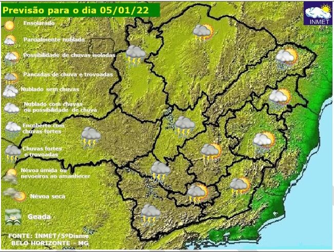 Previsão do tempo para Minas Gerais nesta quarta-feira, 5 de janeiro