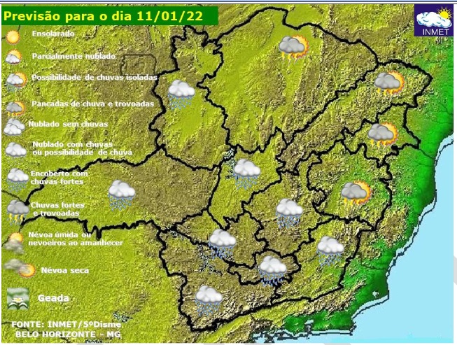 Previsão do tempo para Minas Gerais nesta terça-feira, 11 de janeiro