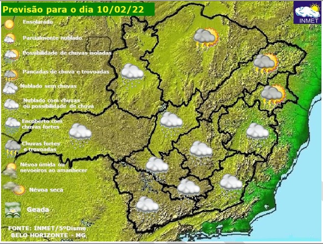 Previsão do tempo para Minas Gerais nesta quinta-feira, 10 de fevereiro