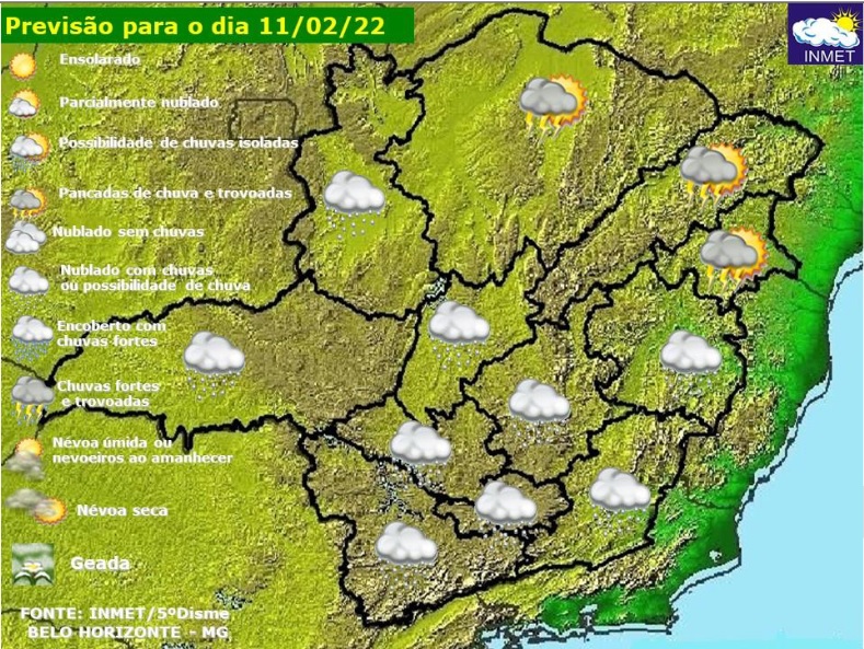 Previsão do tempo para Minas Gerais nesta sexta-feira, 11 de fevereiro