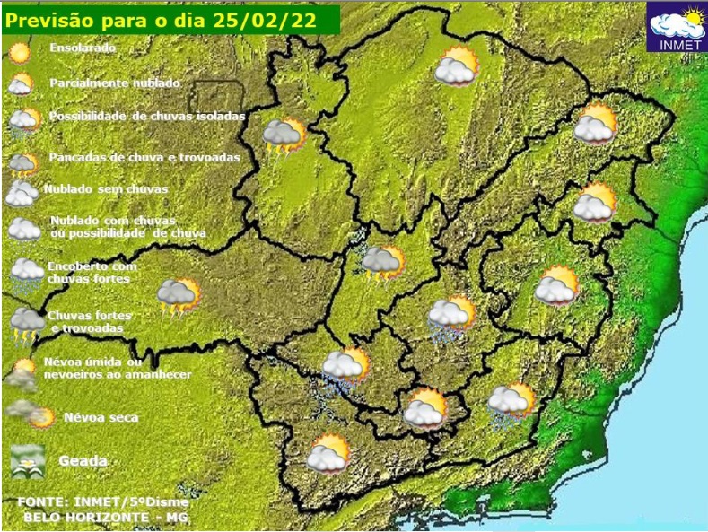 Previsão do tempo para Minas Gerais nesta sexta-feira, 25 de fevereiro