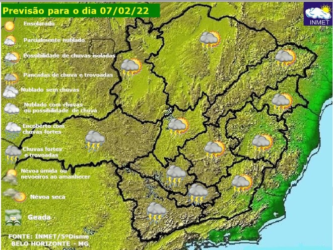 Previsão do tempo para Minas Gerais nesta segunda-feira, 7 de fevereiro