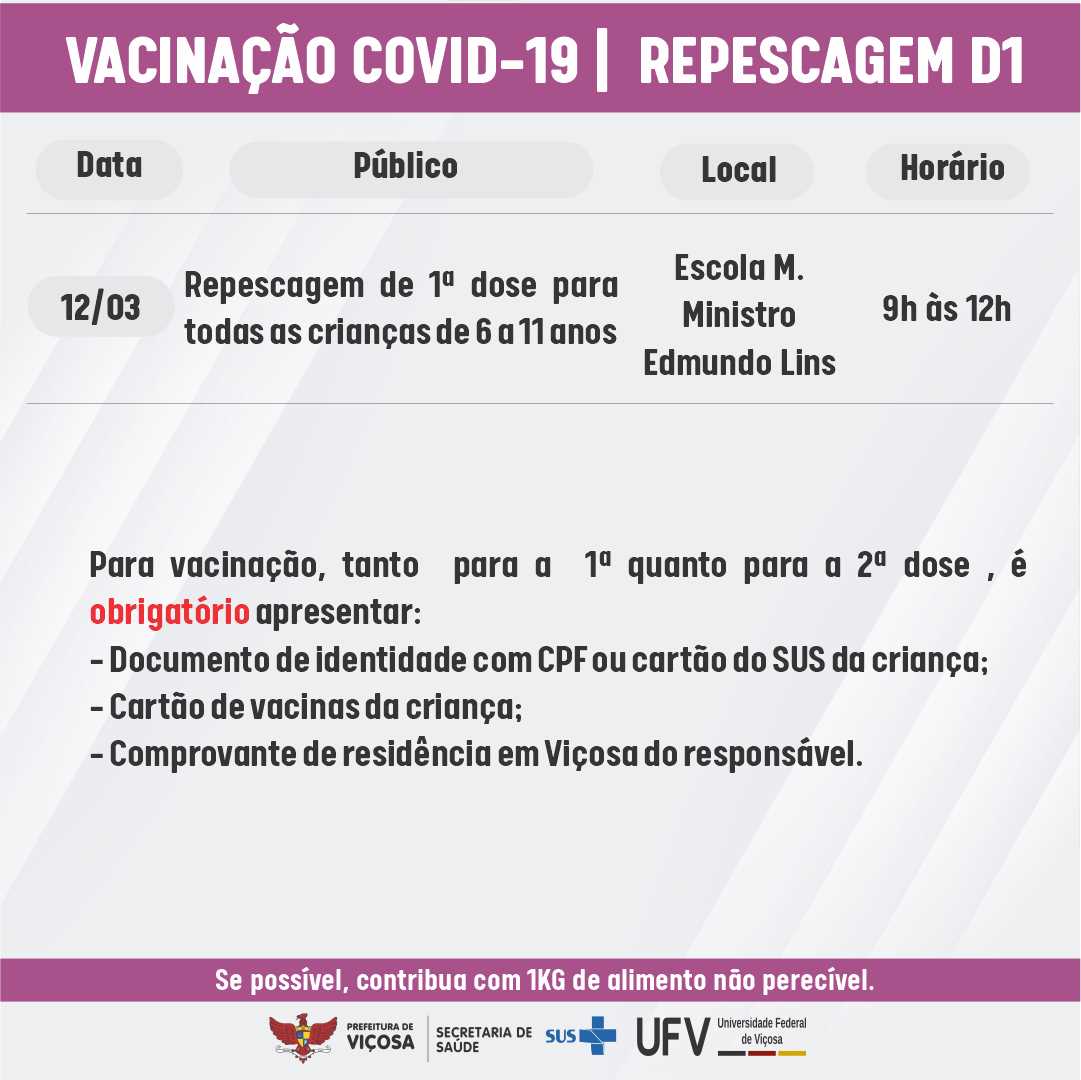 Viçosa fará repescagem para vacinação infantil no sábado (12)