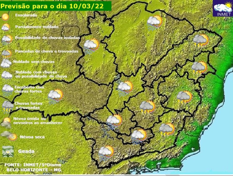 Previsão do tempo para Minas Gerais nesta quinta-feira, 10 de março
