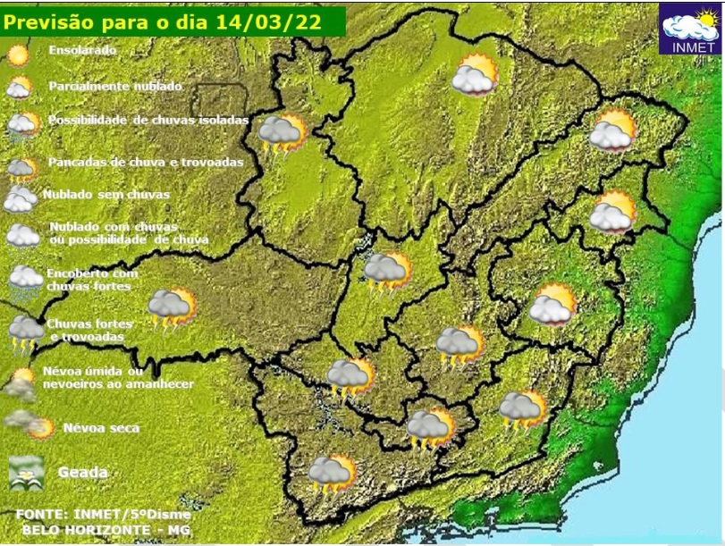 Previsão do tempo para Minas Gerais nesta segunda-feira, 14 de março