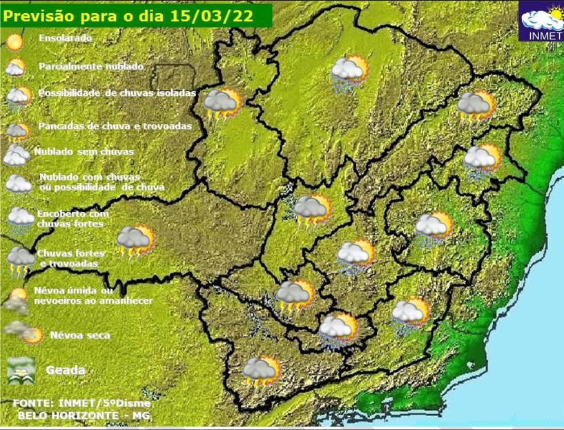Previsão do tempo para Minas Gerais nesta terça-feira, 15 de março