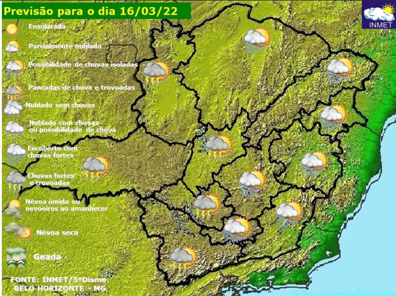 Previsão do tempo para Minas Gerais nesta quarta-feira, 16 de março