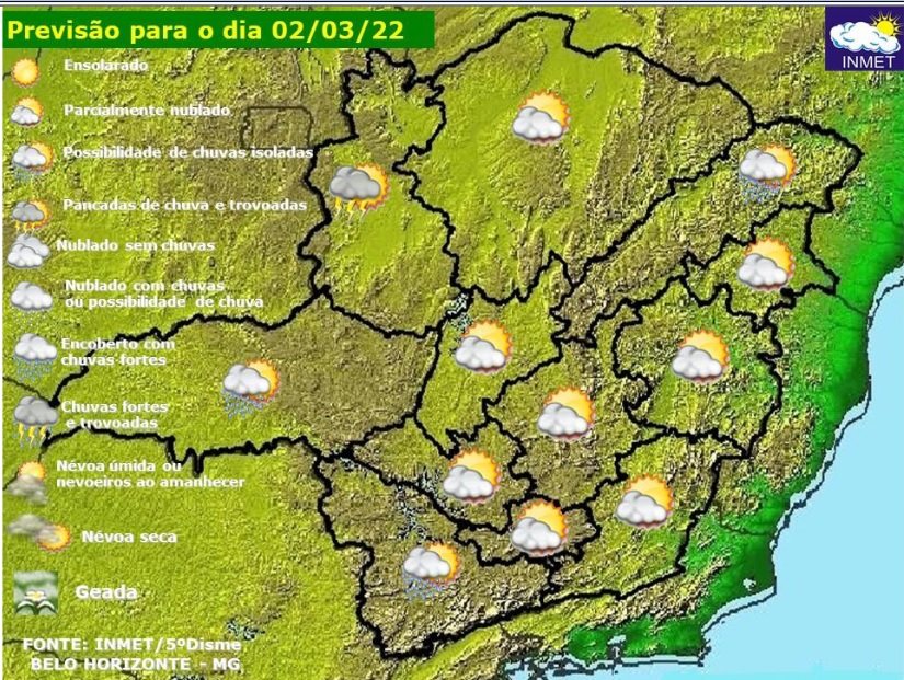 Previsão do tempo para Minas Gerais nesta quarta-feira, 2 de março