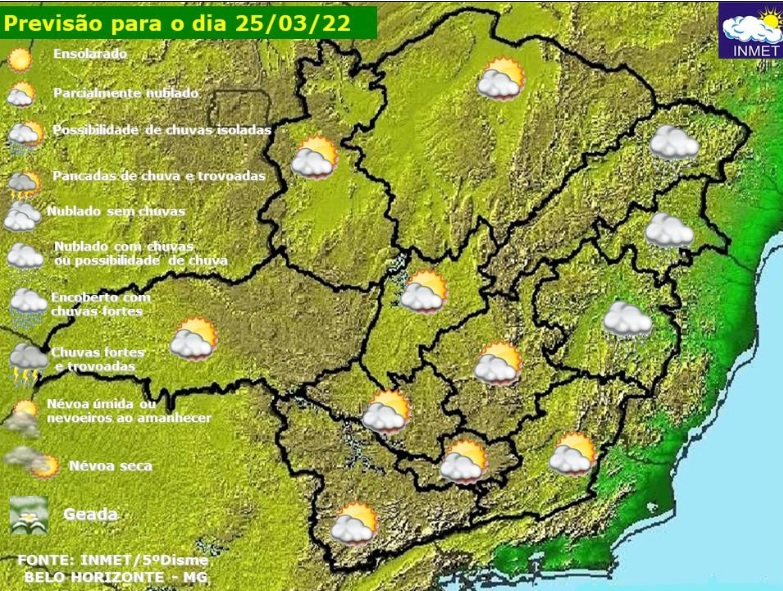 Previsão do tempo para Minas Gerais nesta sexta-feira, 25 de março