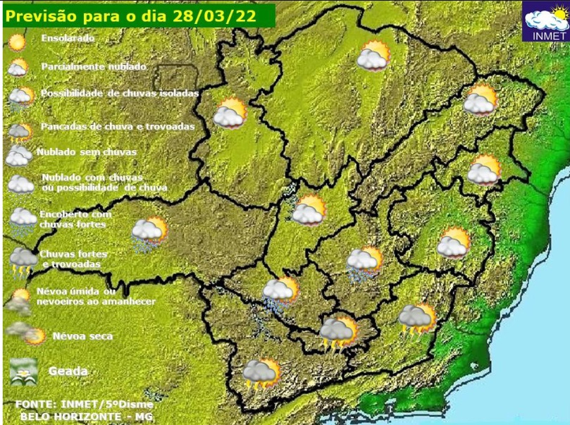 Previsão do tempo para Minas Gerais nesta segunda-feira, 28 de março