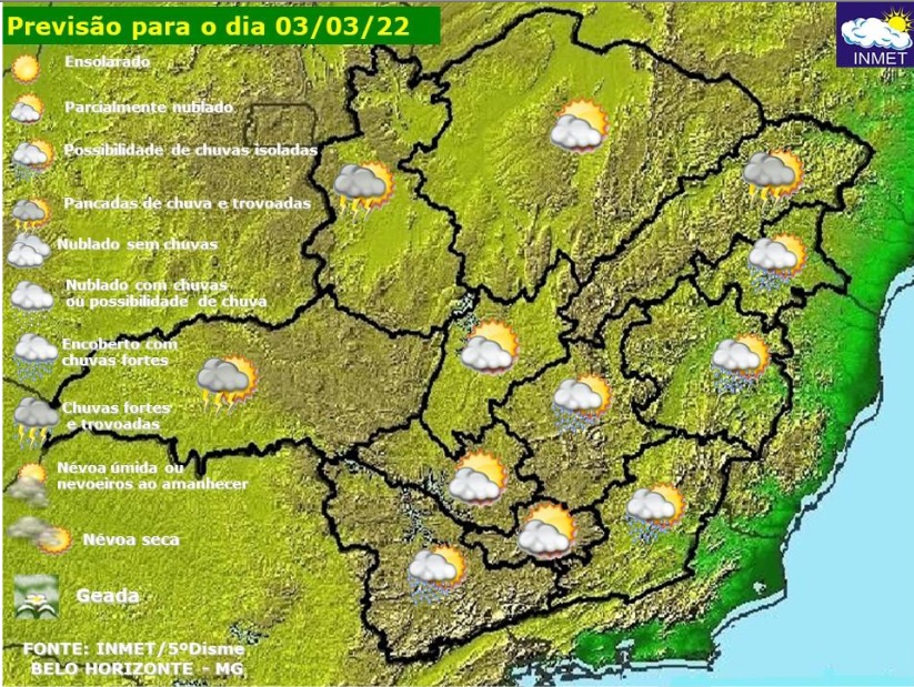 Previsão do tempo para Minas Gerais nesta quinta-feira, 3 de março