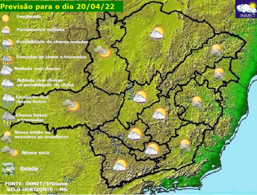 Previsão do tempo para Minas Gerais nesta quarta-feira, 20 de abril