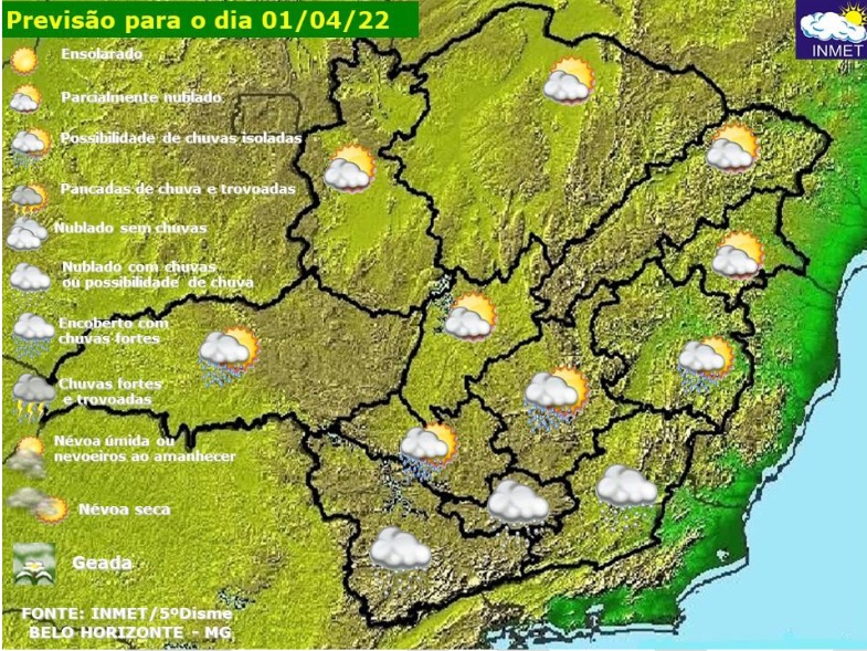 Previsão do tempo para Minas Gerais nesta sexta-feira, 1 de abril