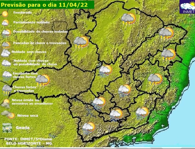 Previsão do tempo para Minas Gerais nesta segunda-feira, 11 de abril